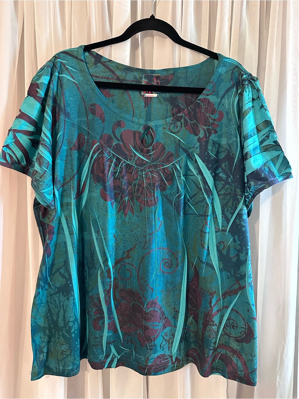 Ransom Teal Red Floral Key Hole Short-Sleeve Top Size 22